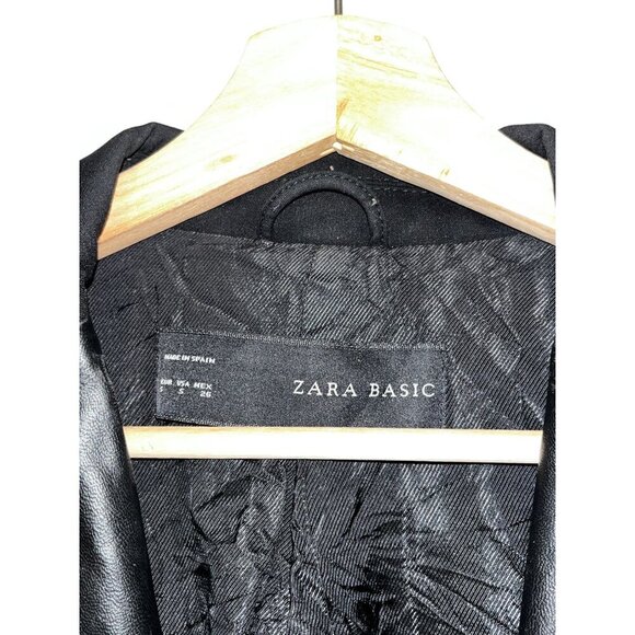 Zara Basic Black Single-Button Satin Lapels & Faux Leather Trim Women's Blazer S - Picture 3 of 8